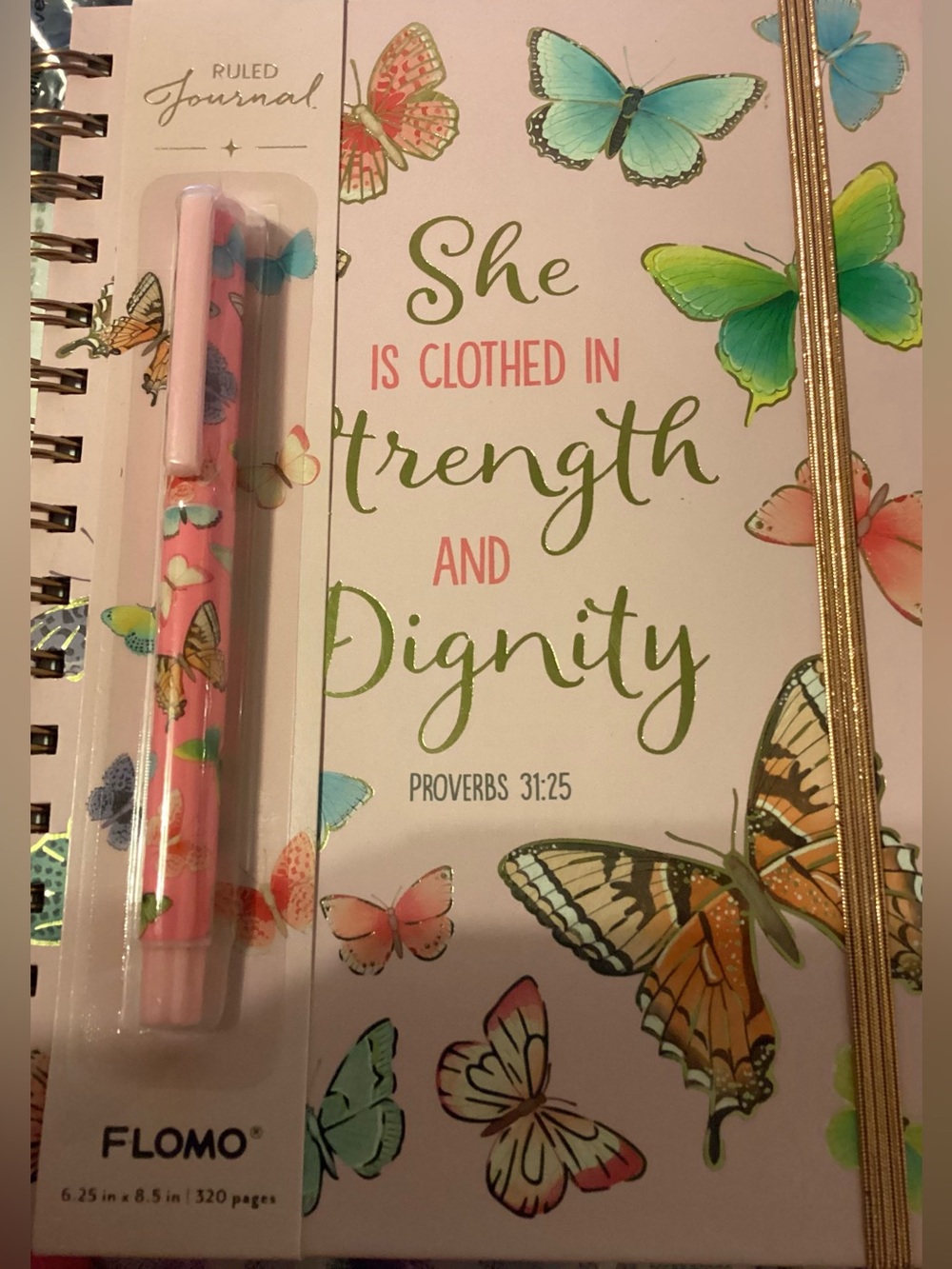 Pink Butterfly Ruled Journal with Pen - Prov 31:25 Strength & Dignity